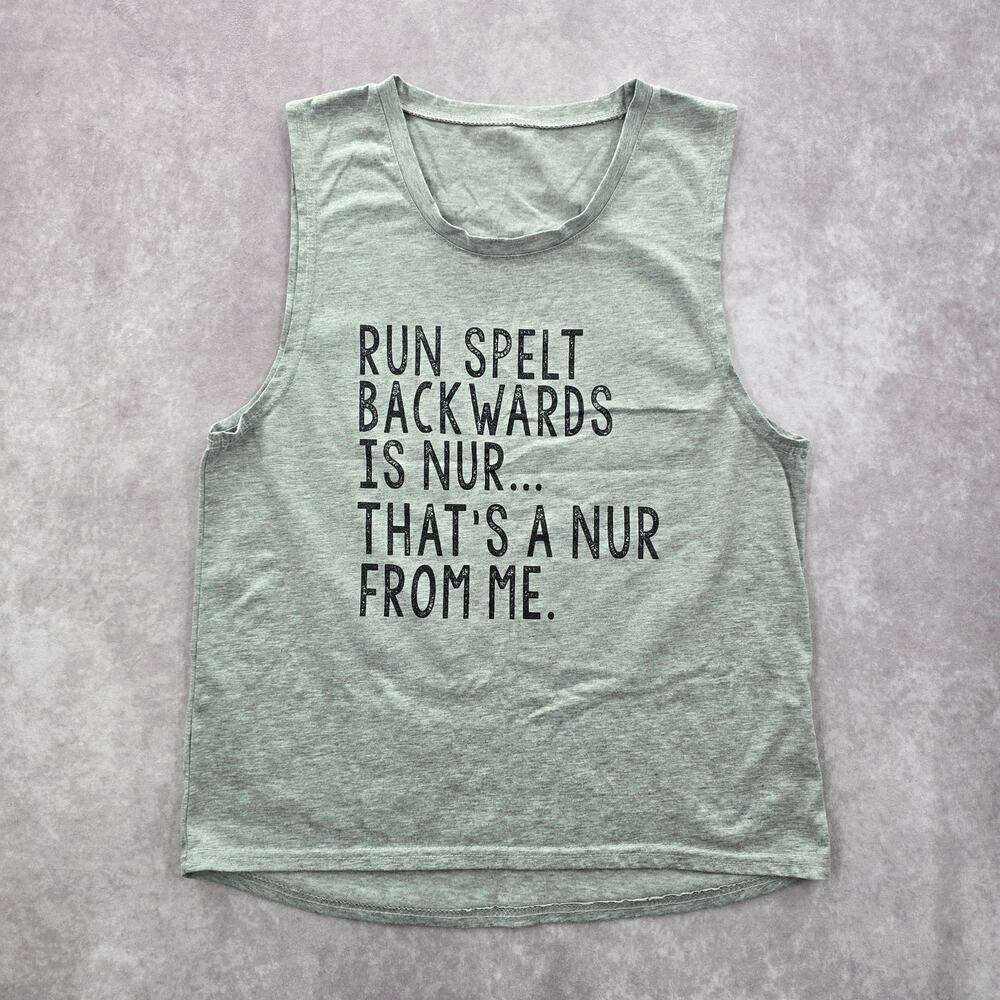 Gray Sleeveless Muscle‎ Tshirt Tee Activewear Run Spelt Backwards Shirt Medium